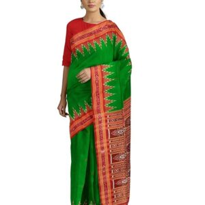 Women's Sambalpuri Ikat Traditional Temple Border Natural Pure Mulberry Silk Saree/Saree for Women/Pure Mulberry Silk Saree/(SLK059_Green)