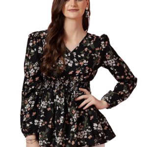 Women's Casual Puff Sleeves Floral Print Peplum Top